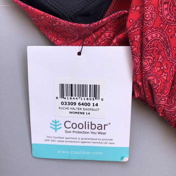 COOLIBAR Women 14 One Piece Swimsuit Halter Ruched UPF 50+ Paisley Red New - Picture 5 of 11